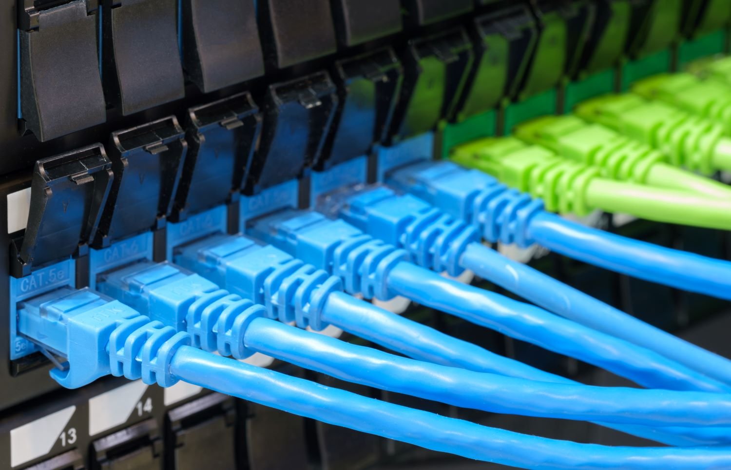 cabos azuis e verdes conectados em uma rede de dados