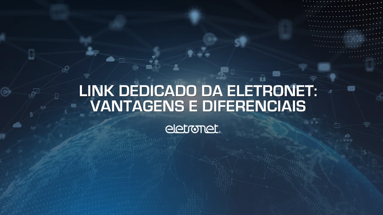 Imagem do globo terrestre com milhares de interconexões e ícones digitais representando o link dedicado.