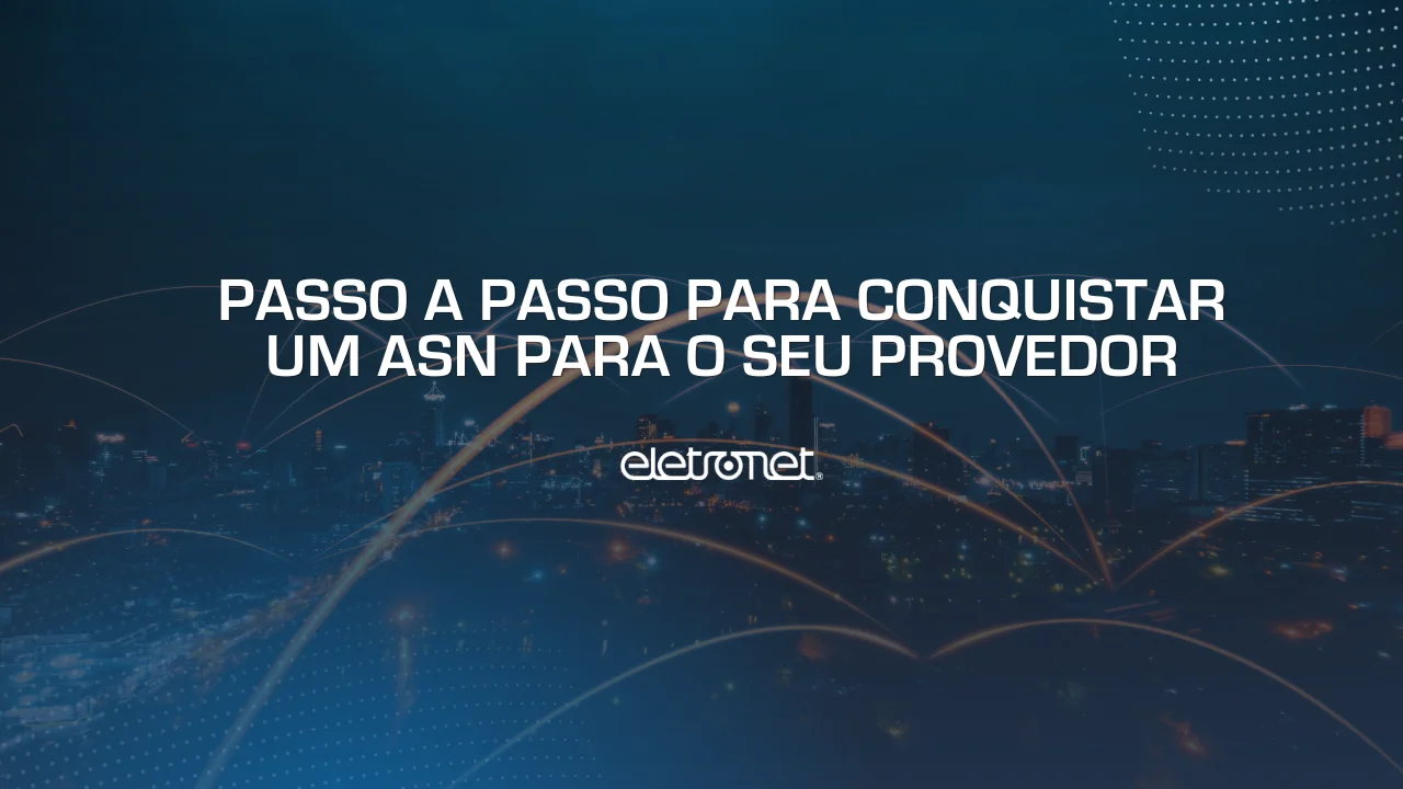 Imagem aérea de uma cidade à noite com linhas gráficas laranjas conectando diferentes pontos, representando as conexões feitas por meio do ASN do provedor.