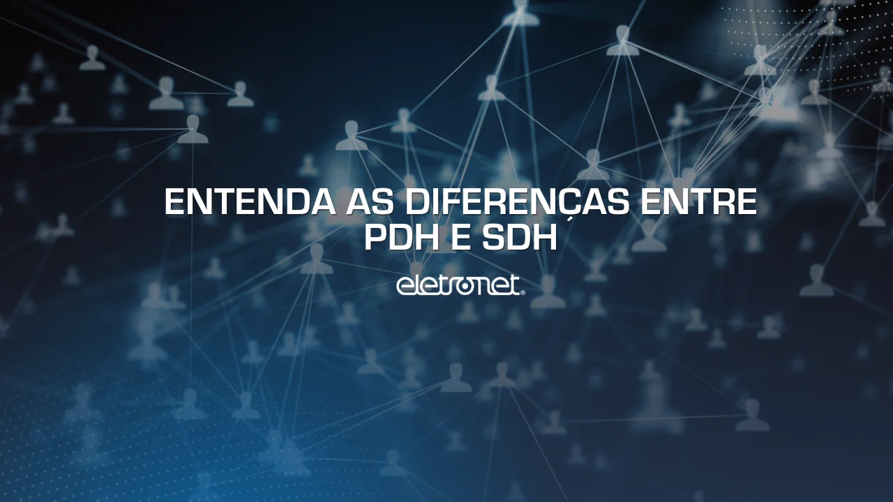 Vários ícones digitais de usuários interconectados por linhas azuis, representando a conectividade das tecnologias PDH e SDH.