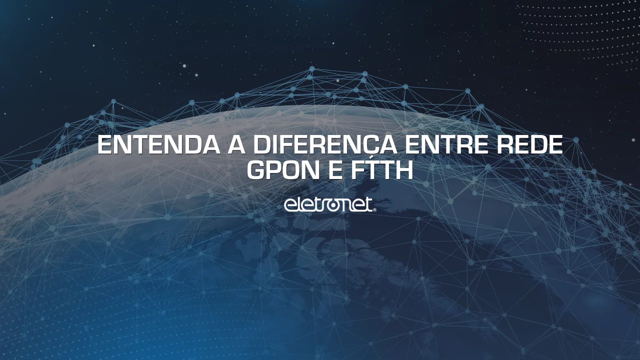 Imagem digital do globo terrestre, com linhas fluorescentes azuis, interconectando vários pontos, representando a rede GPON e o FTTH.