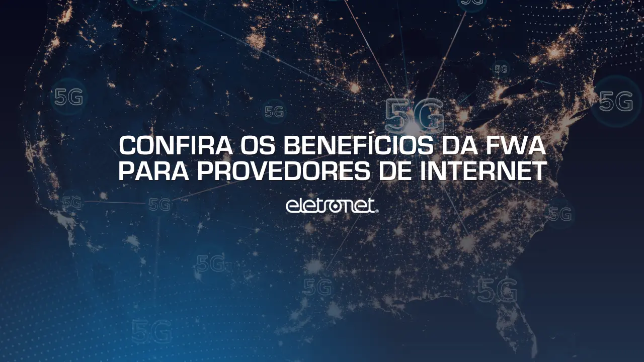 Imagem de parte do globo terrestre com vários pontos escrito 5G interconectados, representando a FWA 5G