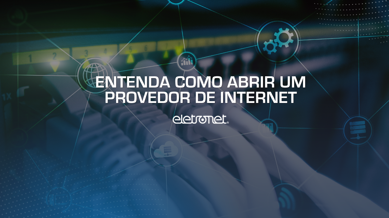 Imagem de cabos de internet e ícones digitais interligados sobrepostos representando a operação de um ISP após o dono entender como abrir um provedor de internet.
