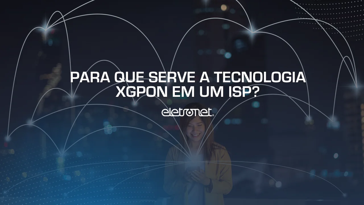 Mulher com celular na mão utilizando uma rede de internet representando o xgpon, e várias linhas interconectadas sobre a imagem.