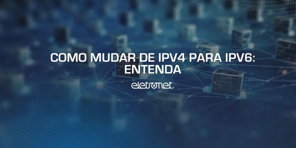 Imagem de vários cubos pequenos interconectados por linhas azuis, representando os novos endereços IP após saber como mudar de IPv4 para IPV6.