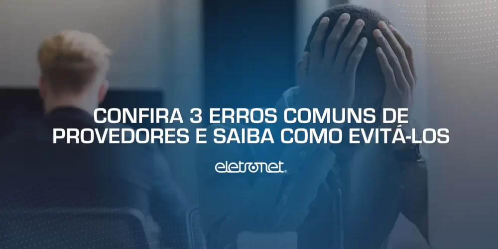 Homem de terno com a mão estendida segurando um ícone digital de xis, representando os erros comuns de provedores.