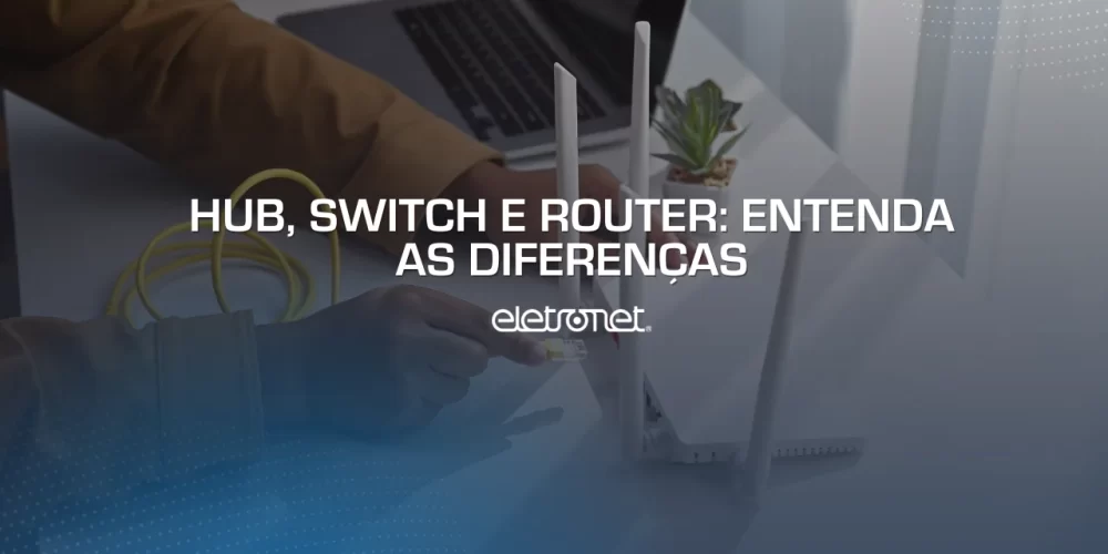 Pessoa negra de camisa caramelo conectando cabo em um roteador representando hub, switch e router.