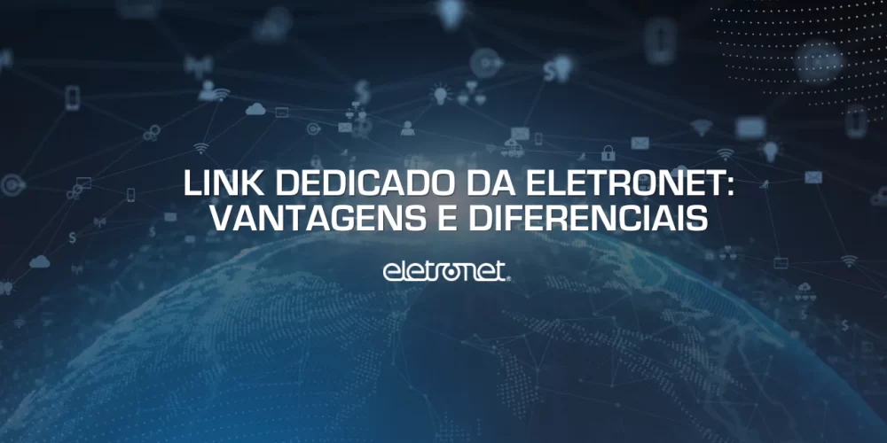 Imagem do globo terrestre com milhares de interconexões e ícones digitais representando o link dedicado.