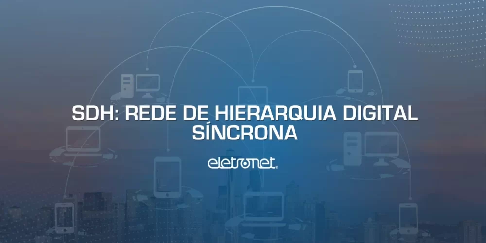 Ícones de computadores interconectados sobre a imagem de uma cidade, representando o transporte de dados de uma rede SDH.